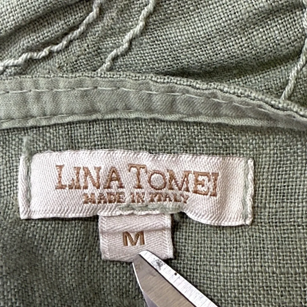 Lana Tomei Linen dress made in Italy sleeveless embroidered sage green classic